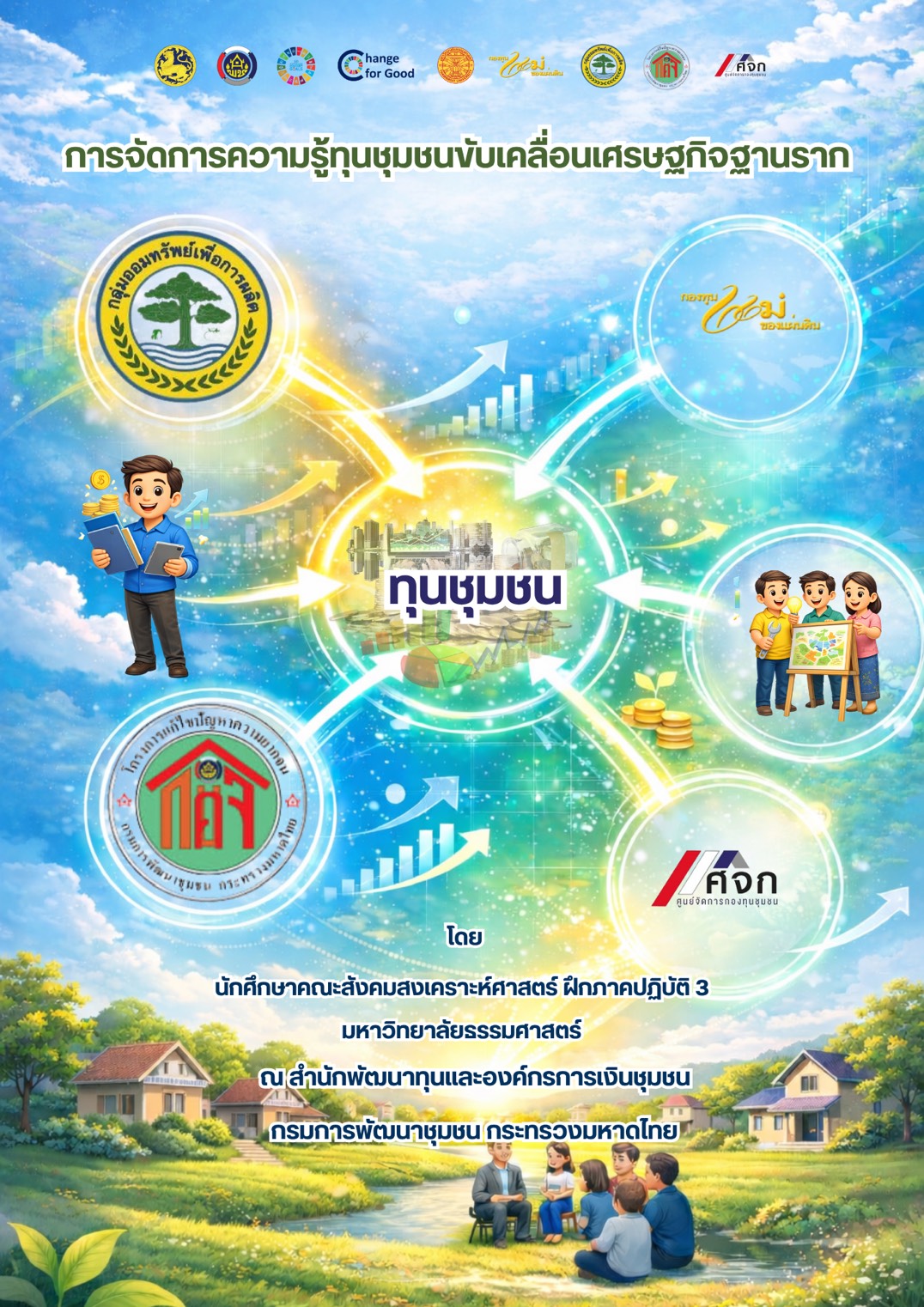 ประชาสัมพันธ์ผลงานของนักศึกษาสหกิจศึกษา คณะสังคมสงเคราะห์ มหาวิทยาลัยธรรมศาสตร์ ในรูปแบบ E-book การจัดการความรู้ทุนชุมชนขับเคลื่อนเศรษฐกิจฐานราก