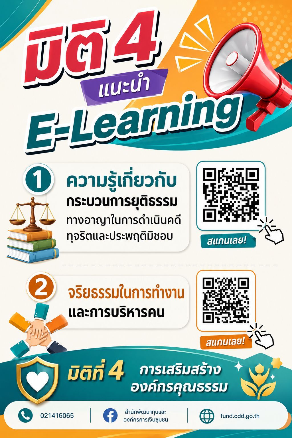 สำนักพัฒนาทุนและองค์กรการเงินชุมชนโดยคณะทำงานมิติที่ 4 การเสริมสร้างองค์กรคุณธรรม กำหนดให้บุคลากรในสังกัดเข้ารับการอบรม E-learning จำนนวน 2 หลักสูตร 